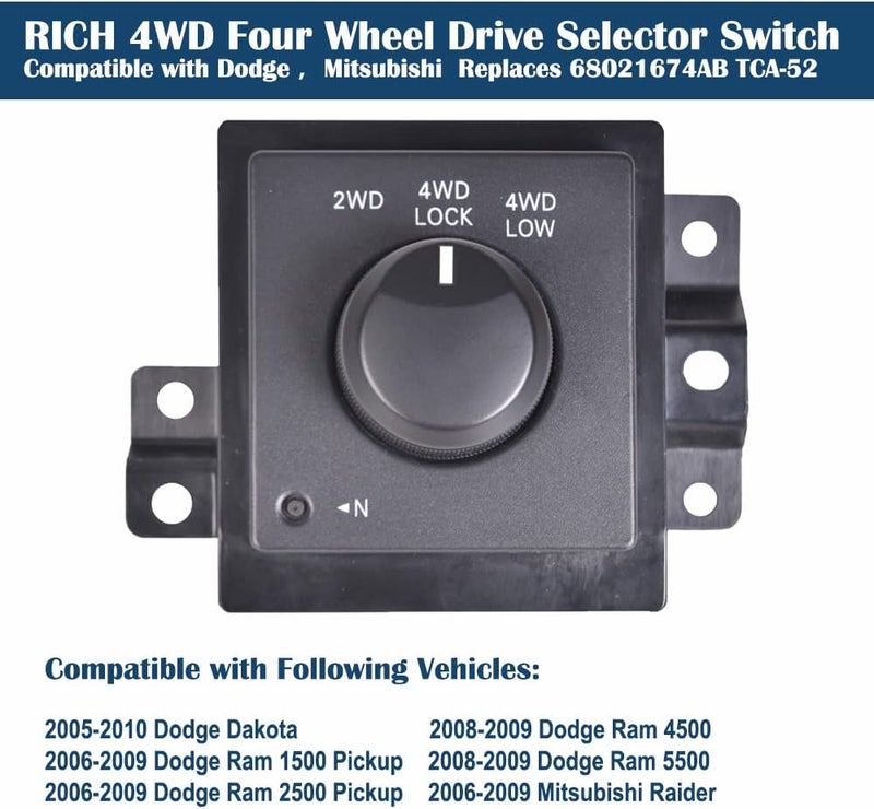 RICH AUTO Rich 4x4 Switch 4WD Four Wheel Drive Selector Switch Compatible with Dodge Dakota/Ram1500 2500 3500 Pickup/Ram 4500 5500 Mitsu-bishi Raider - Replaces 68021674AB TCA-52 - Image 2
